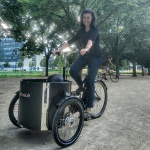 Michelle, James' wife, loved her cargo bike for getting around Strasbourg and travelling across the Rhine to Germany.